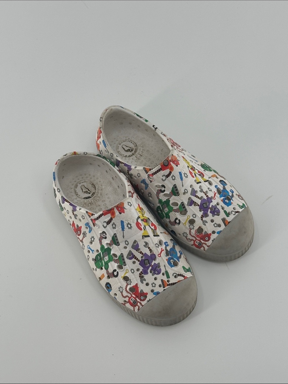 Native Kids Slip-On Shoes with Multicolor Robot Print - White